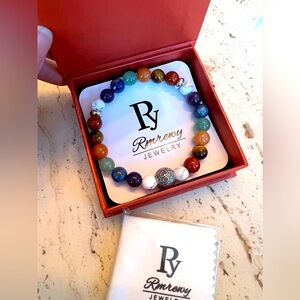 HANDMADE 7 CHAKRA STRETCH BRACELET WITH STERLING SILVER OM PENDANT